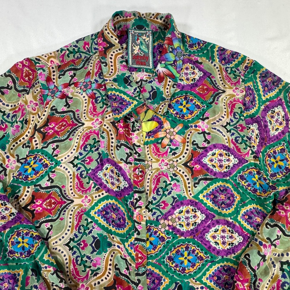 Johnny Was Cupra Rayon Floral Geometric Button Down Shirt Multi Color L Boho - Picture 2 of 8